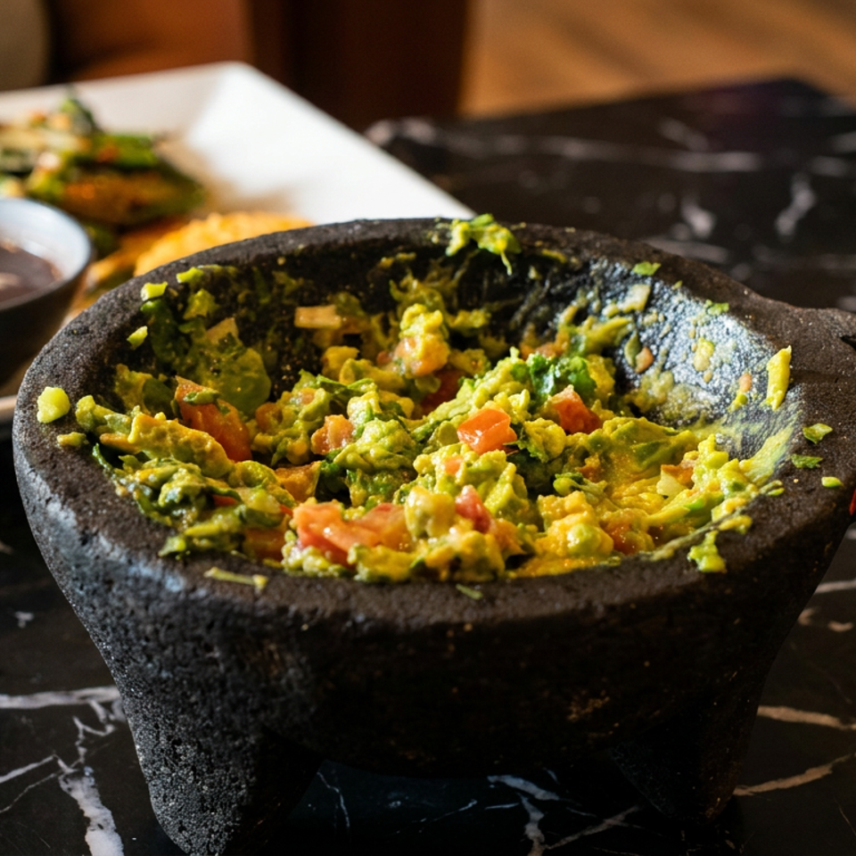 Fresh guacamole with diced tomatoes and onions served in a traditional black stone molcajete on a marble restaurant table.