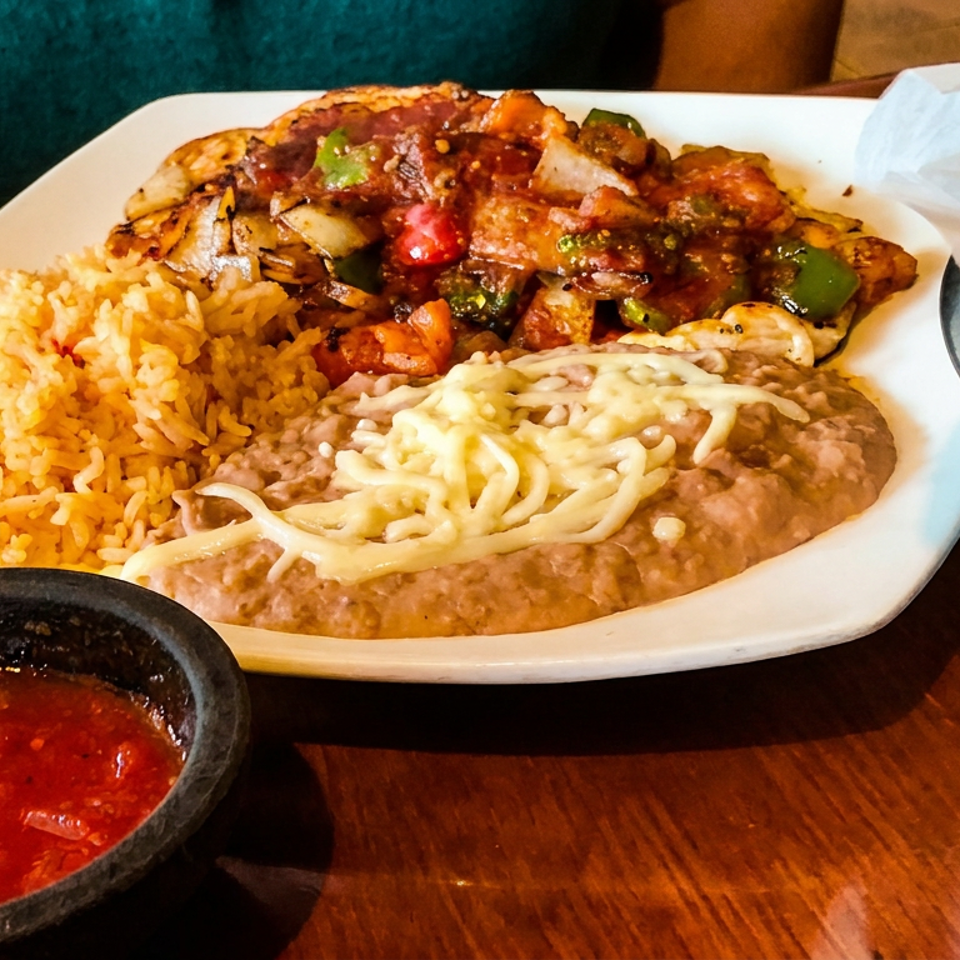 Mexican platter with grilled chicken, rice, cheese-topped refried beans, vegetables, and red salsa on a restaurant table.