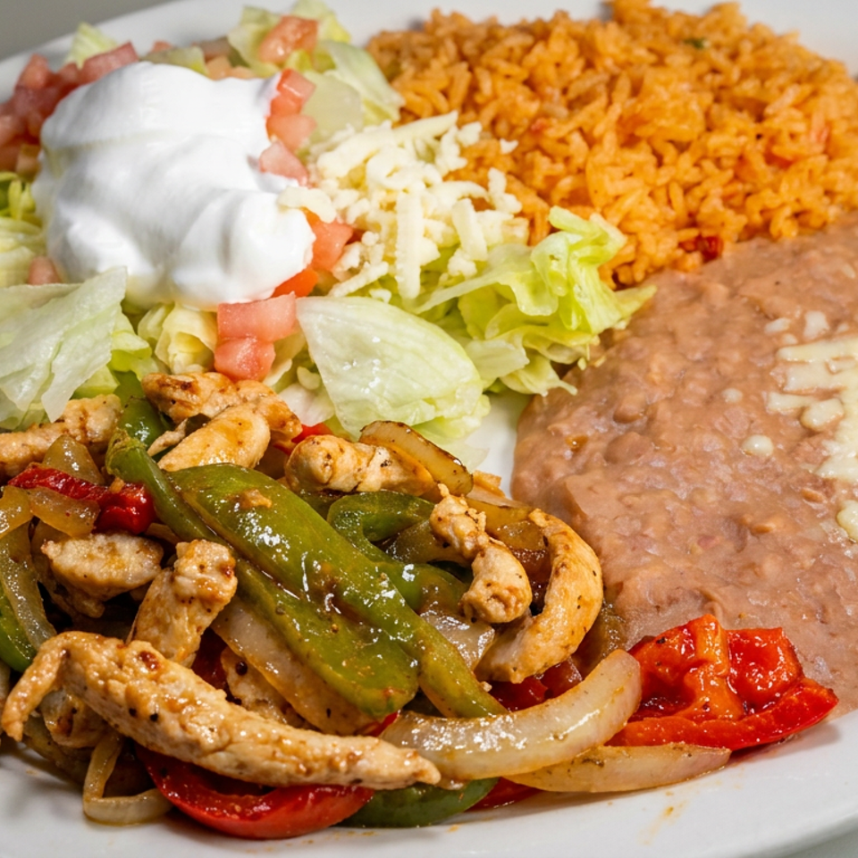 Mexican platter with grilled chicken, peppers and onions, refried beans, rice, lettuce salad, sour cream, and cheese.