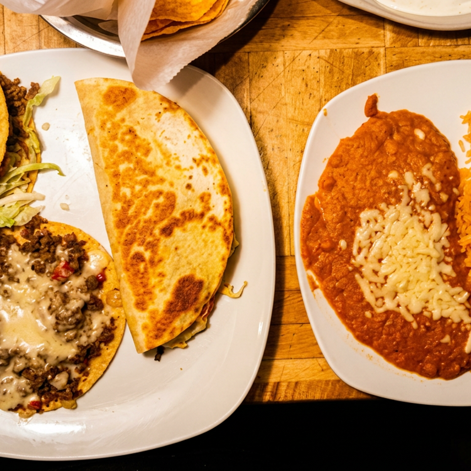 Mexican meal with beef tacos, a folded quesadilla, saucy enchilada topped with cheese, and orange rice on white plates.