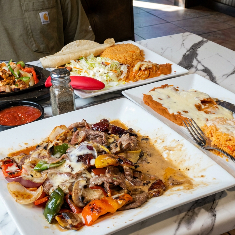 Mexican restaurant table featuring sizzling chicken and steak fajitas, enchiladas, rice, beans, tortillas, salsa, and vegetables.