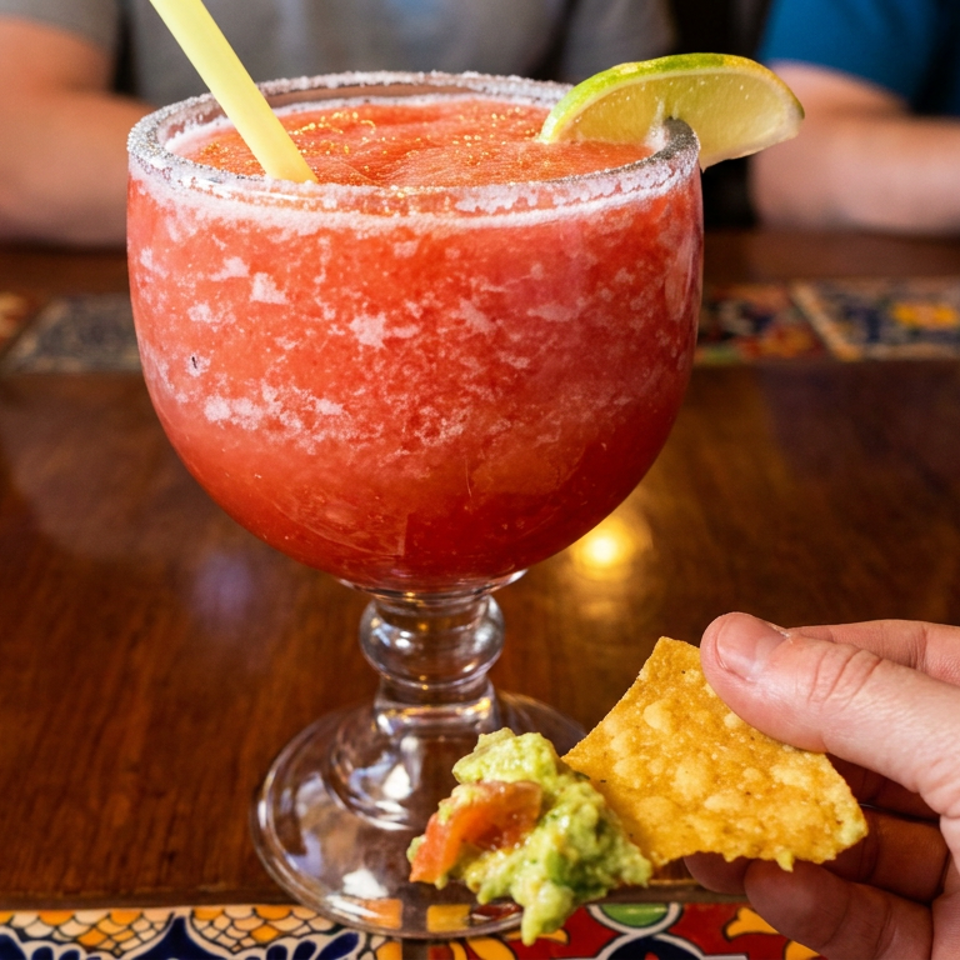 Red frozen margarita with salted rim and lime wedge beside guacamole and a tortilla chip on a restaurant table.